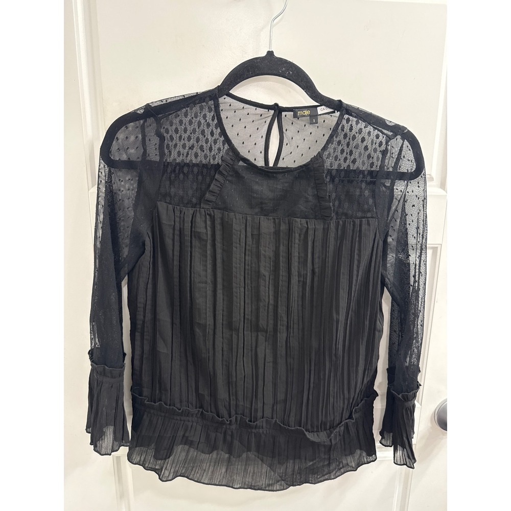 Maje H17LANNICK Black Pleated Mesh Point D'Esprit Ruffle Blouse Top Size 1